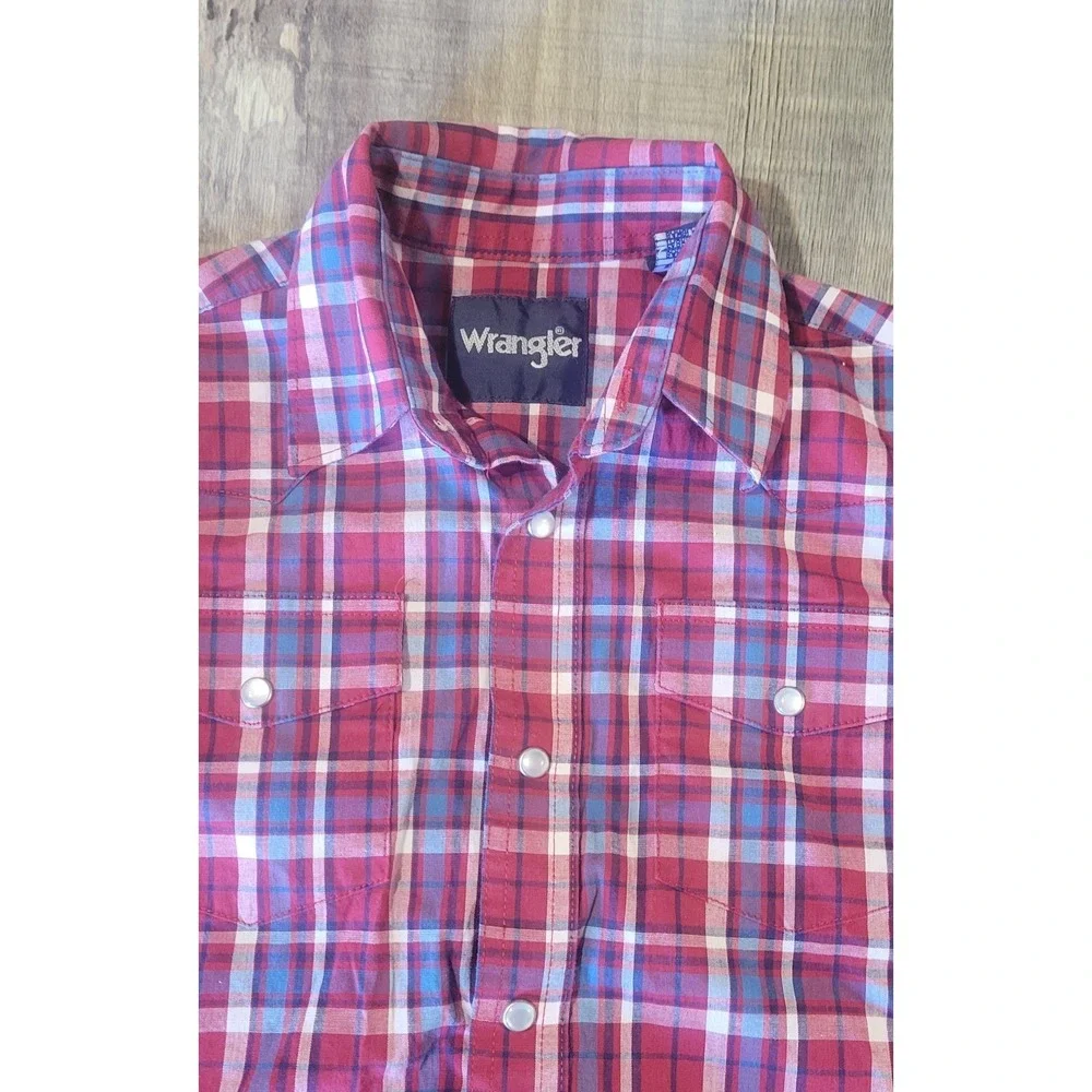 Wrangler Western Pearl Snap Shirt Boys Youth Medium Red‎ Plaid Long Sleeve EUC